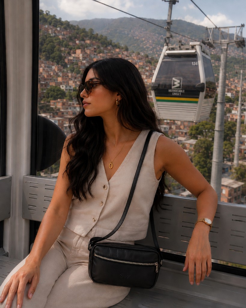 Bandolera Moderna en cuero negro — Metrocable, Medellín